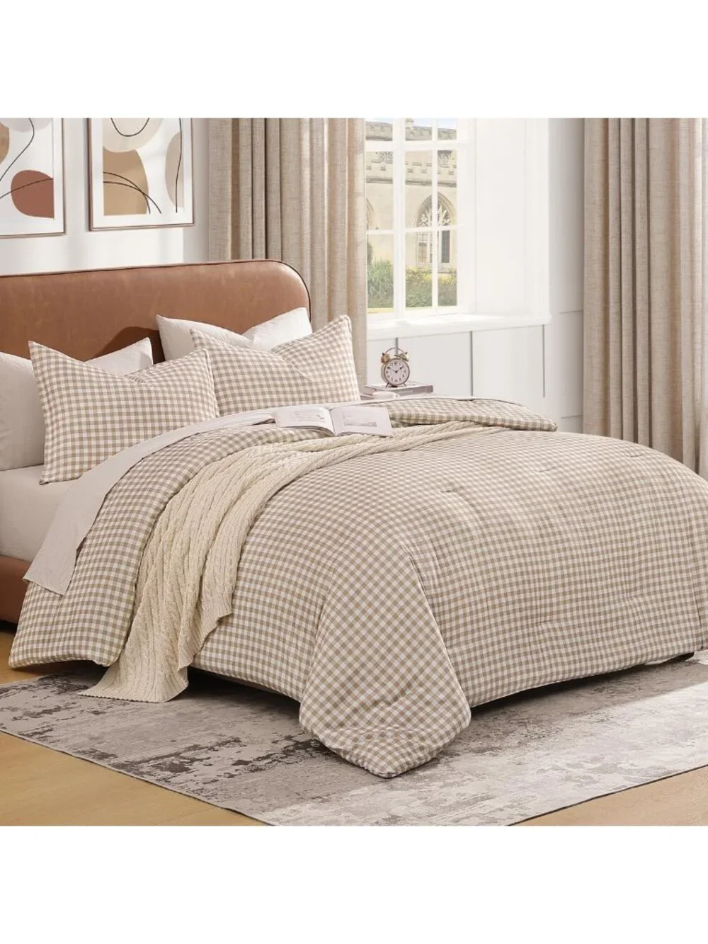 Cozy Tan Gingham Queen Comforter Set | Brown Checkered Plaid Bedding Essentials